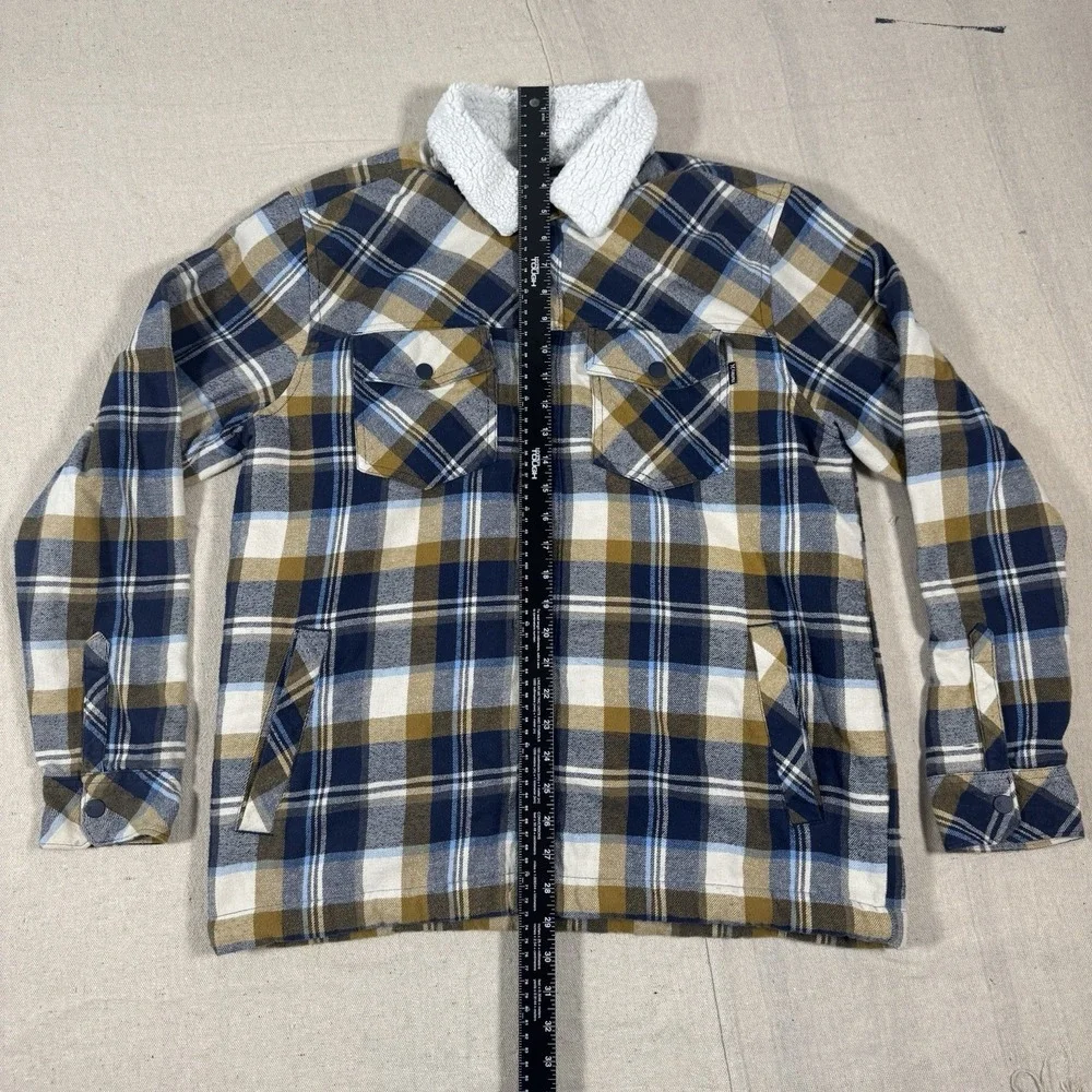 Hurley Jacket Mens Medium‎ Blue Plaid Snap Up Fleece Lined Flap Pockets
